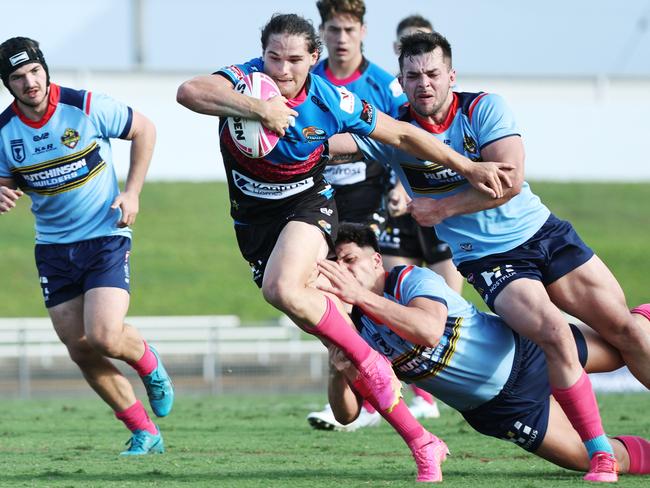 Tom Chester makes a break toward the tryline in the Hostplus Cup Queensland Rugby League (QRL) match between the Northern Pride and the Western Clydesdales, held at Barlow Park. Picture: Brendan Radke