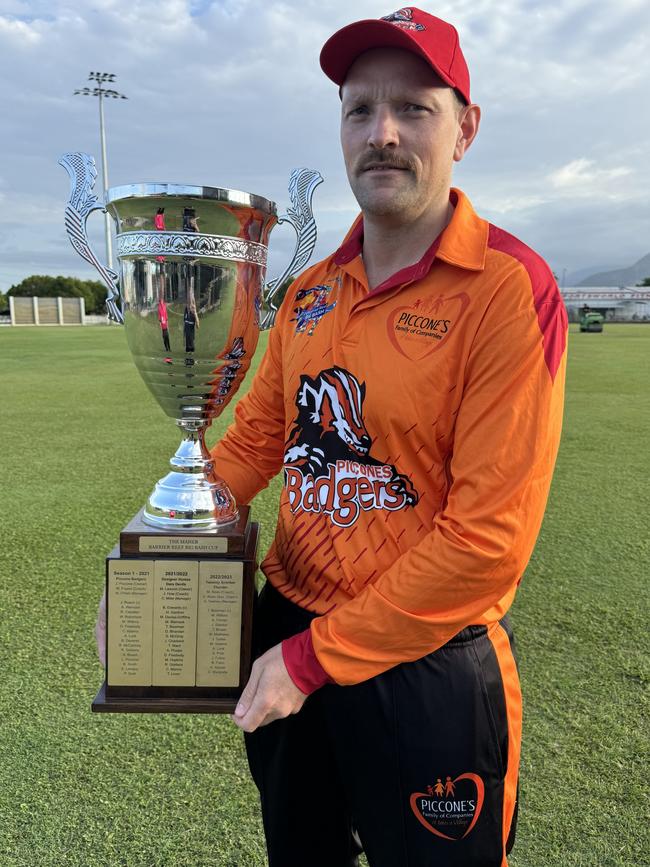 Piccones Badgers captain Jake Roach with the Barrier Reef Big Bash Trophy ahead of the final against CA Architect Cyclones. Picture: Cameron Miller