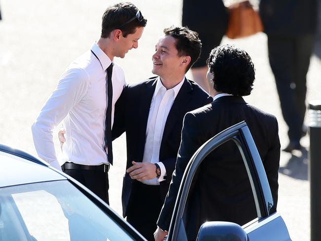 Husband Simon Deall greets mourners at his wife’s funeral. Picture: Peter Clark