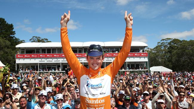 Simon Gerrans on the podium with the Ochre Jersey at the 2016 Tour Down Under. Photo Sarah Reed