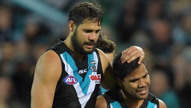 Patrick Ryder, an All-Australian ruckman in 2017, with indigenous teammate Jake Neade. Picture: AAP Image/David Mariuz