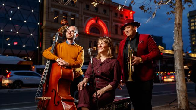 Double bass player Lyndon Gray, vocalist Jo Lawry and trumpeter Lazaro Numa will perform in A Night of Jazz at Her Majesty’s Theatre. Picture: Matt Turner.