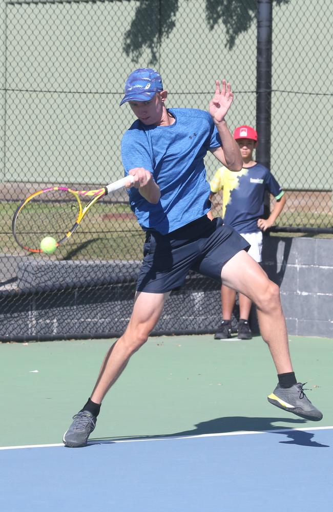 Rose Bowl tennis. Rudy Thorogood (blue) vs. Josh Ryan. 20 August 2023 Southport Picture by Richard Gosling