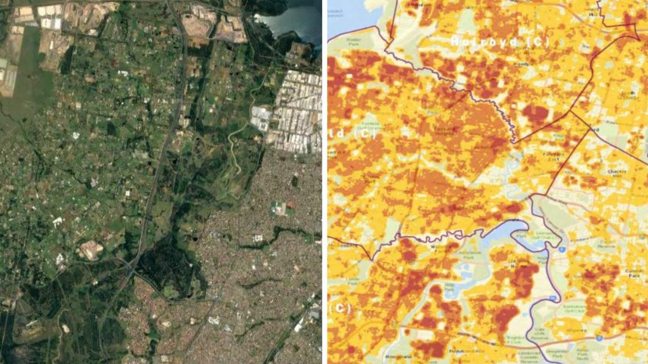 Heat map of Fairfield in western Sydney compared to birds eye image showing parts of the LGA where heat is far above mean. Picture: Green Spaces Better Places/Google Maps.