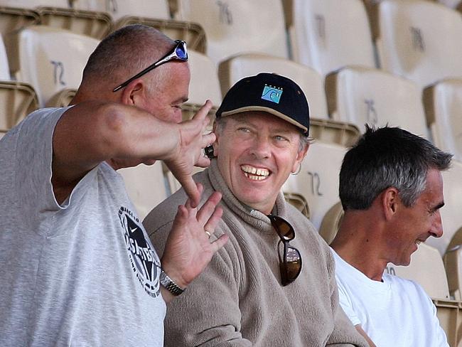 Co-commentator ... Former Olympic Games gold medallist Steve Ovett (centre) with Maurie Plant and Nic Bideau watching Ovett's son Freddie in the 800m during the Pacific School Games.