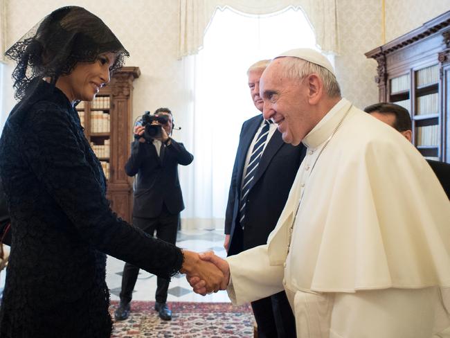 First meet: Pope Francis shakes hands with First lady Melania Trump on the occasion of their private audience, at the Vatican, Wednesday, May 24, 2017. Picture: L'Osservatore Romano