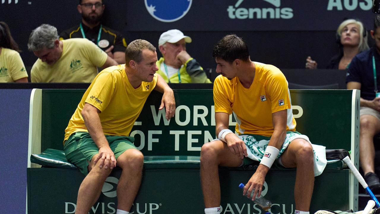 Hewitt (left) has called on Alexei Popyrin in de Minaur’s absence. Picture: Angel Martinez / Getty Images