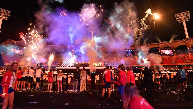 An empty stadium is seen during the closing ceremony of the Commonwealth Games.