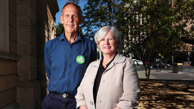 Former federal Greens leaders Bob Brown and Christine Milne marking 50 years of the Greens party. Picture: Nikki Davis-Jones