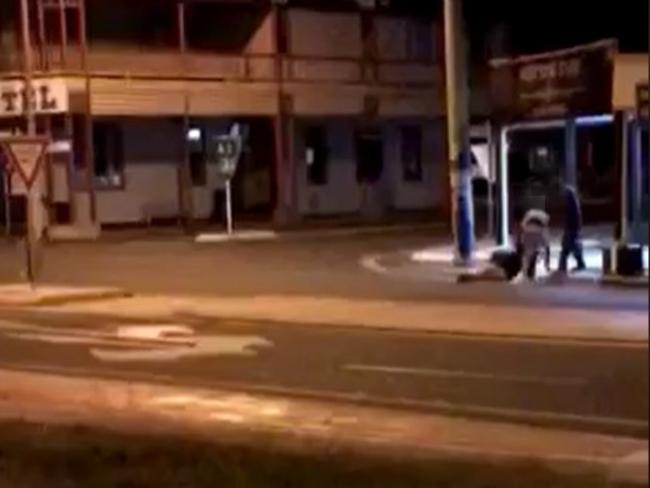 The moment a man was knocked unconscious outside the Burnett Hotel in Gayndah, leaving him with a fractured skull and bleeding on the brain.