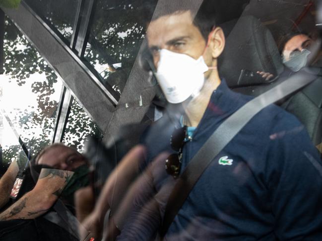 Novak Djokovic leaves the Park hotel in Melbourne after his visa was cancelled by the Australian government over refusing a Covid vaccine. Picture: Getty Images