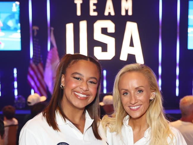 PARIS, FRANCE - JULY 31: Nia Sioux and U.S. Olympian Nastia Liukin pose for a photo at the USA House at Paris 2024 on July 31, 2024 in Paris, France. (Photo by Joe Scarnici/Getty Images for USOPC)