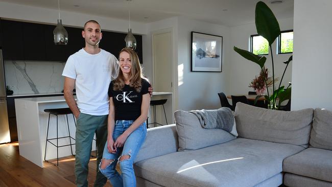 Danielle and Petros recently bought a new house in preparation for their baby that's on the way and have just listed their Cheltenham home for sale. Picture: Nicki Connolly