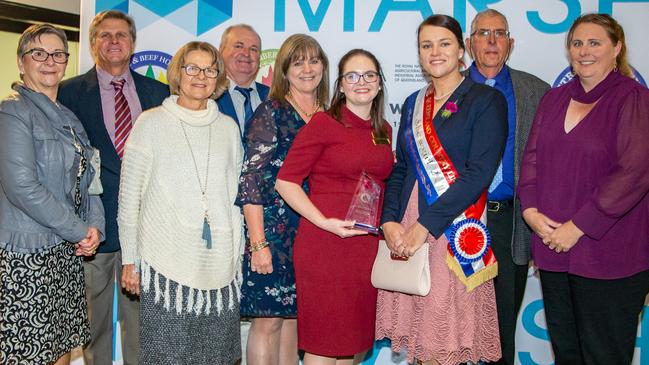 Kim Mundt, Monto and District Show Society president Paul Francis, Mia Francis, Gordon Ogle, Karen Hockey, Rural Ambassador runner up Brianna Hockey, Queensland Miss Showgirl Clare Webb, Barry Mundt, and Amanda Goody. 2019.