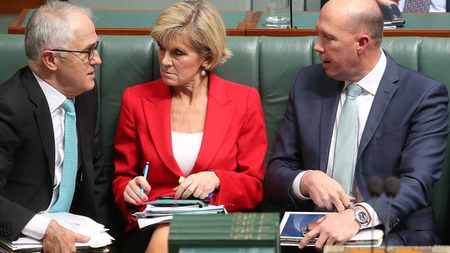 Malcolm Turnbull, Julie Bishop, Peter Dutton. Picture: Kym Smith