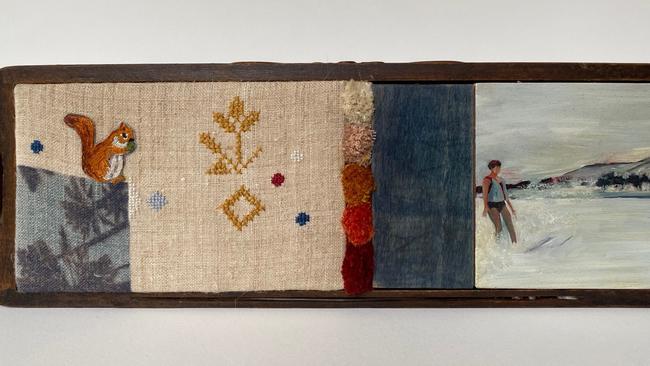 Oksana Waterfall, Border Art Prize 2020 $3000 winner, The girl from Kyiv 2020, oil, embroidery thread, vintage hemp fabric and solar print in vintage sewing machine drawer, 12 x 36cm. Picture: SUPPLIED