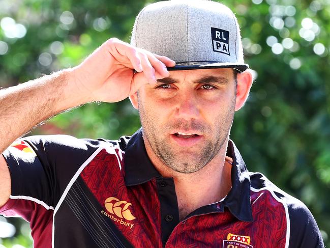 Queensland State of Origin player Cameron Smith wearing his RLPA cap during a media session before game 3, Rydges Hotel, South Brisbane.  Photographer: Liam Kidston.