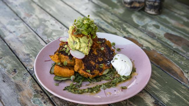 UOS cafe - Alcove Cafe and Deli, 92 Kedron Brook Rd, Wilston. Dish: roast pumpkin fritters. Pic Mark Cranitch.