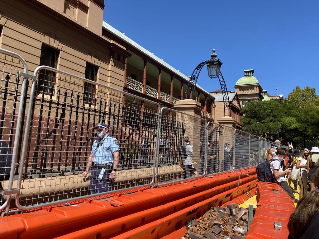 NSW Parliament fenced off to the protesters. Picture: news.com.au