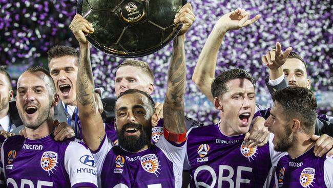 Perth Glory players celebrate securing the Premiers’ Plate at the weekend. Picture: AAP 