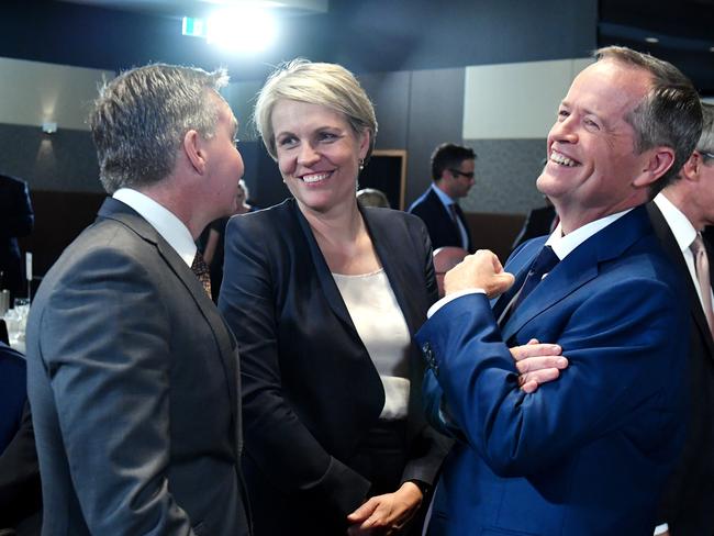 Shadow Treasurer Chris Bowen, Deputy Leader of the Opposition Tanya Plibersek and Leader of the Opposition Bill Shorten at the National Press Club in Canberra. Picture: AAP