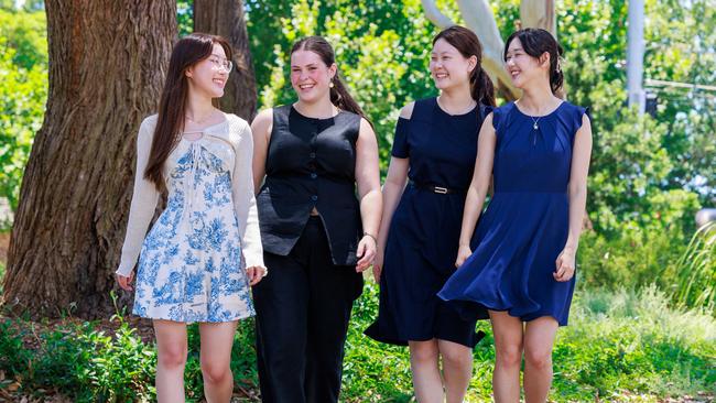 Pymble Ladies College, Hwayoung Cho, Visual Arts Abigail Barfield, Aboriginal studies Caiyi Wang, Chinese Continues Mulan Xu, Classical Greek Continuers, at the HSC First in Course ceremony, at UNSW. Picture: Justin Lloyd.