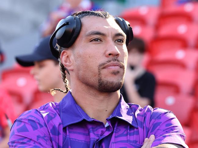 NEWCASTLE, AUSTRALIA - MARCH 24: Aaron Pene of the Storm pre game during the round three NRL match between Newcastle Knights and Melbourne Storm at McDonald Jones Stadium, on March 24, 2024, in Newcastle, Australia. (Photo by Scott Gardiner/Getty Images)