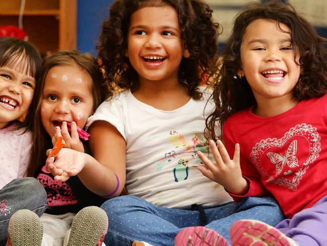 Preschoolers from left Ciara Cameron-Gleeson, 4, Laylah-Lee Winters, 3, Laquaelah Carr, 4 and Jaylani Sanders, 4 at Poets Corner Preschool in Redfern. NSW still lags behind other parts of the country in preschool education. Picture: Jonathan Ng