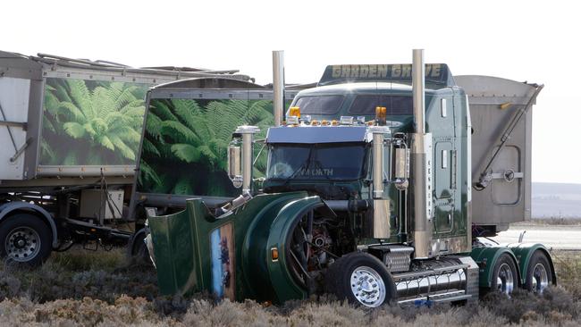 The driver of the road train was not injured. Picture: Emma Brasier