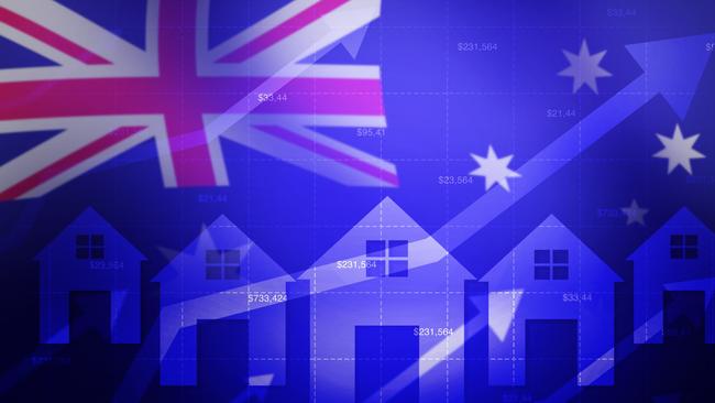 Australia property market high prices concept background with glowing homes and arrows going up. Real estate and property concept backdrop housing generic