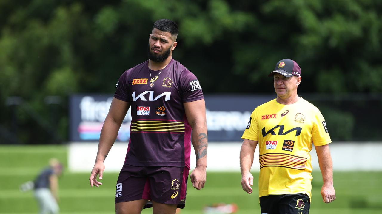 Brisbane Broncos pre-season training - Haas alongside assistant coach Alfie Langer. Picture: Zak Simmonds