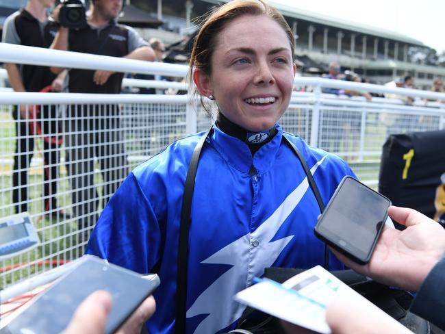 Jockey Mikayla Weir after her superb win in the TAB Highway Handicap on Nic's Vendetta. Picture: AAP