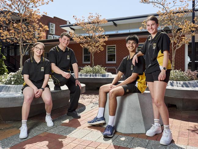 Students, Alessandra Pergoleto, 15, Jacob Ivancic, 16, Aryan Nayee, 16, and Sofia Addabbo, 15, at St PaulÃs College in Gilles Plains, where the school started accepting girls in 2022, Friday, Sept. 27, 2024. Picture: Matt Loxton