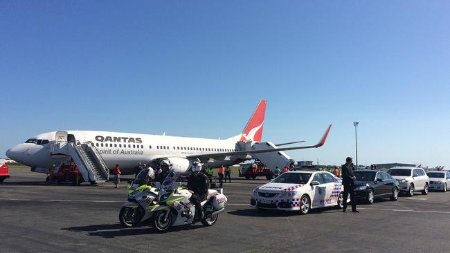 A supplied photo of Police and security personnel during a G20 training exercise at Brisbane Airport, Monday, Oct. 6, 2014. The aim of the drill was to perfect the process of getting world leaders off planes and into the motorcades that would take them to their hotels. (AAP Image/Leonie Vandeven, Brisbane Airport Corporation) NO ARCHIVING, EDITORIAL USE ONLY