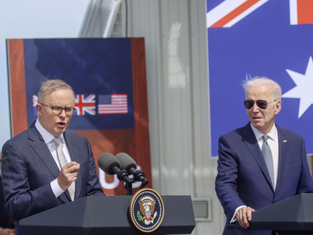 Prime Minister Anthony Albanese and US President Joe Biden at Submarine Base Point Loma in San Diego, California. Picture: Sandy Huffaker for News Corp