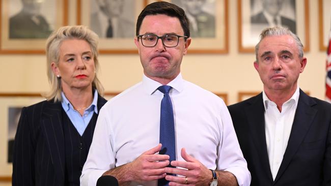 Nationals leader David Littleproud flanked by Nationals Senate leader Bridget McKenzie and Nationals deputy leader Kevin Hogan. Picture: AAP