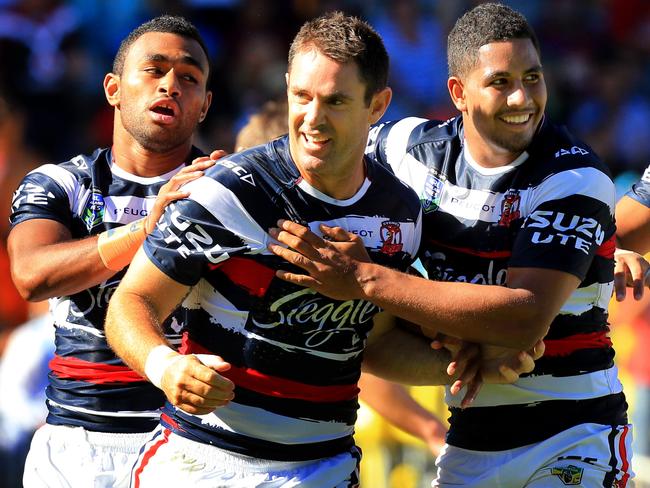 Brad Fittler scores for the Roosters during the 2015 Auckland Nines.