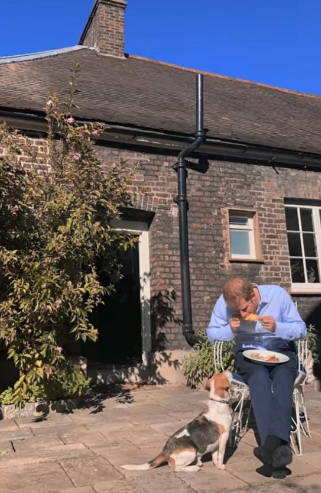 Prince Harry pictured eating a meal in the courtyard at Nottingham Cottage. Picture: Netflix