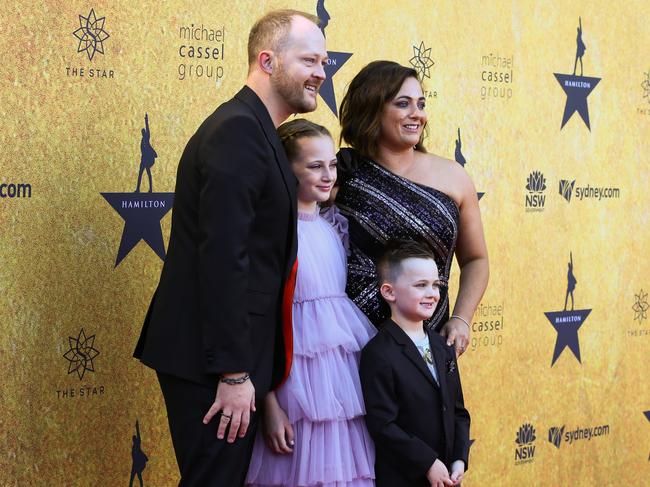 Michael Cassel with wife Camille and kids Vaughn and Eveleigh at the premiere of Hamilton at the Lyric Theatre in March 2021. Picture: Lisa Maree Williams/Getty