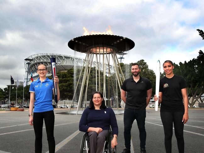 The Sydney Olympic cauldron was relit by young athletes of the future Tamsin Colley (Paralympian-Athletics) and Tenayah Logan (Basketball) with former Olympians Louise Savage and Ian Thorpe at the Australian Olympic Committee's ceremony marking the 20 year anniversary of the opening ceremony of the Sydney 2000 Olympic Games at Cathy Freeman Park in Sydney. Picture. Phil Hillyard