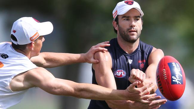 Jordan Lewis fires off a handball in pre-season training.