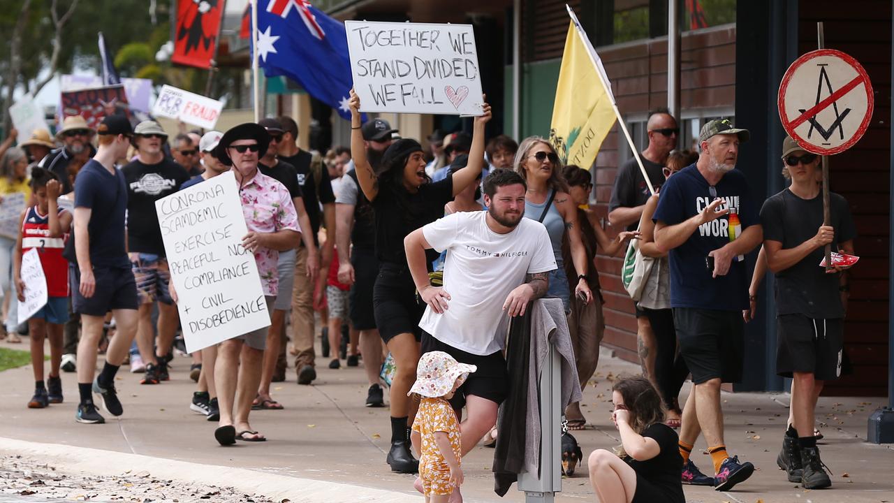 A Freedom Rally was held on the Esplanade north of Muddy's on Saturday, before around 700 supporters marched down the Esplanade and past the children's playground, down to the lagoon and back. PICTURE: Brendan Radke