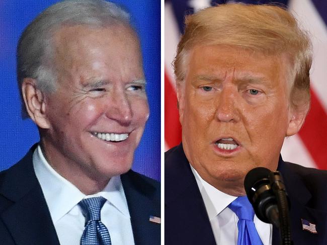 JOE BIDEN DONALD TRUMP COMPOSITE -  Jill Biden waves as her husband Democratic presidential nominee Joe Biden speaks during election night at the Chase Center in Wilmington, Delaware, early on November 4, 2020. - Democrat Joe Biden was to make a statement early November 4 in his home city of Wilmington, his campaign said, with the White House hopeful locked in a tight race against US President Donald Trump. Several battleground states that were expected to decide the election winner were still up in the air, including Michigan, Pennsylvania and Wisconsin. (Photo by ANGELA  WEISS / AFP)