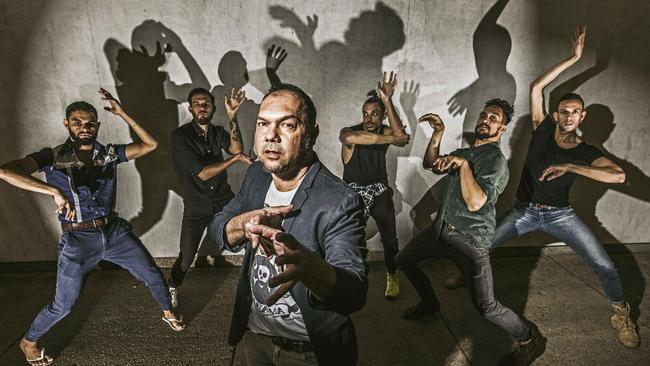 BANGARA 11TH AUG 2015 PHOTO: GLENN HUNT Director Stephen Page with some of his Bangara dancers that are in his new dance movie: Spear. (L-R) Beau Dean Riley Smith, Daniel Riley, Stephen Page, Leonard Mickelo, Waangenga Blanco and Kaine Sultan-Babij.