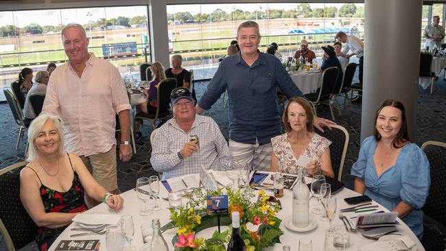 Ron Millard, Carolyn Millard, Martin Polinelli, Sue Hendriks, Carli Finch and Richard Finch at the 2023 Darwin Cup Carnival Guineas Day. Picture: Pema Tamang Pakhrin