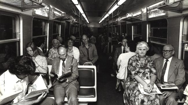 The first official passengers travel through the City Loop in Melbourne in January, 1981. Picture: HWT Archives