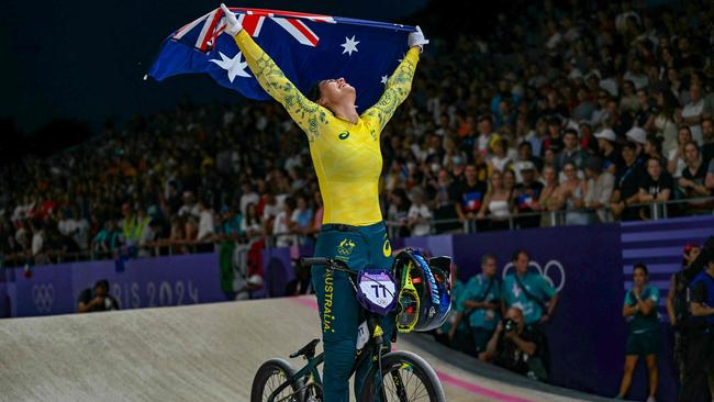 Australia's Saya Sakakibara celebrates winning the Women's Cycling BMX Racing final during the Paris 2024 Olympic Games in Saint-Quentin-en-Yvelines, on August 2, 2024. Picture: Mauro PIMENTEL / AFP