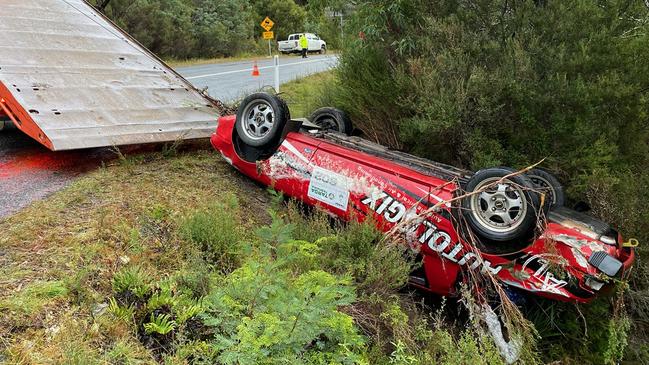 Shane Navin’s 1979 Mazda RX-7 is loaded on to the back of a truck after the fatal crash. Picture: supplied