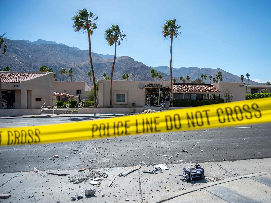 A police line is seen outside a damaged American Reproductive Centers fertility clinic after a bomb blast outside the building in Palm Springs, California. Picture: Gabriel Osorio / AFP
