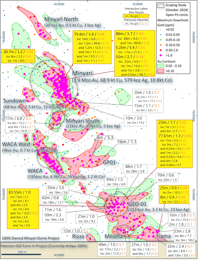 Map of the southern region of Minyari Dome showing the 2024 scoping study open pit designs and recent drill results. Pic: AZY